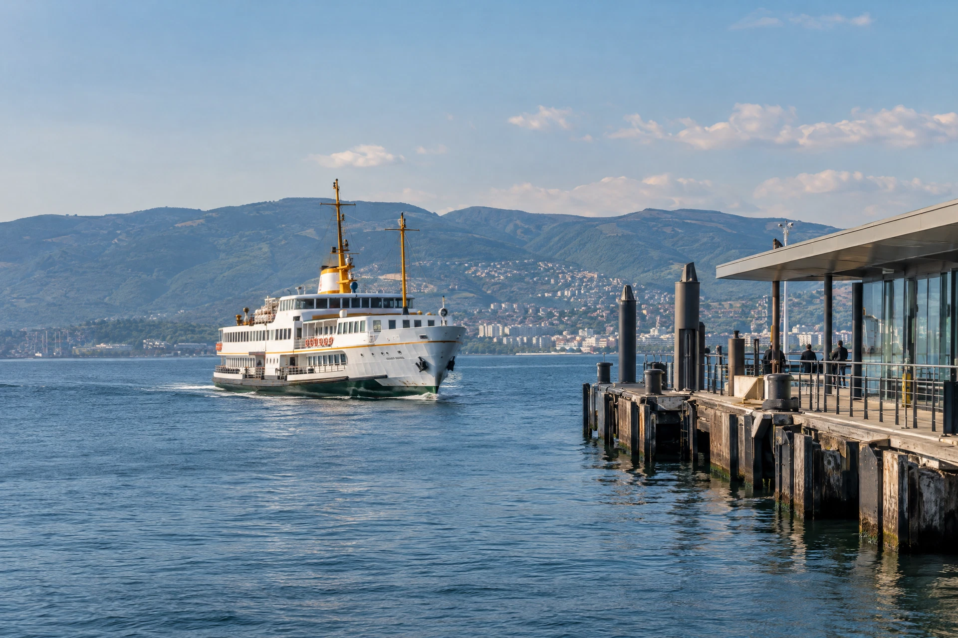 Marmara kıyısında bir iskeleye yaklaşan konsept feribot